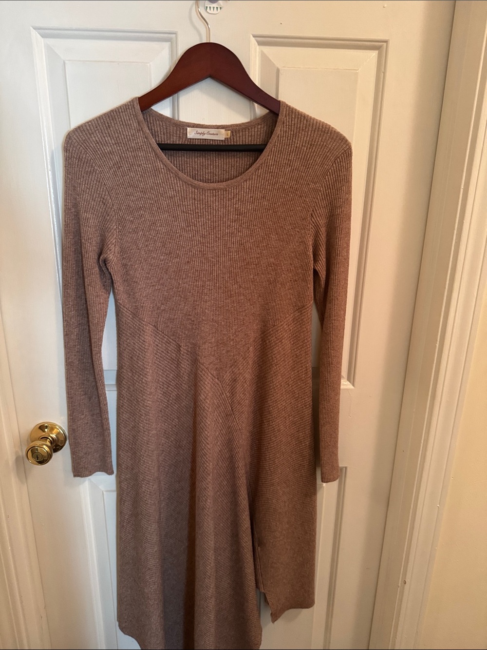 Simply Couture Taupe Long Sleeve Ribbed Knit Dress